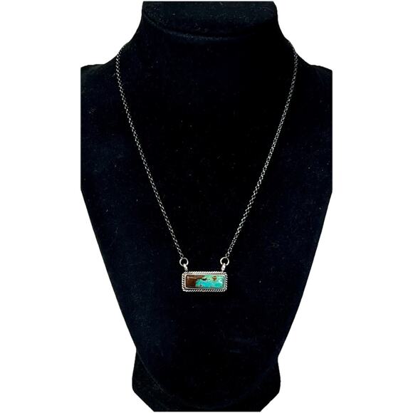 Navajo Kingman Turquoise Dixon Sterling Silver Bar Necklace 17" by J Dixon 6.9g - Picture 9 of 16